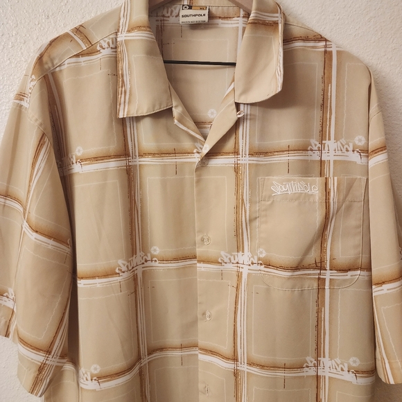 South Pole Hip Hop Camp Plaid Logo Tan Short Sleeve Shirt Mens XL - Picture 2 of 8